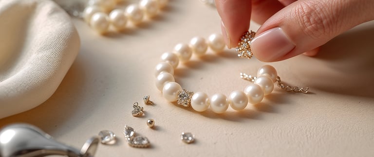 Handcrafted white pearl bracelet with gold hardware and sparkling diamond accents for luxury jewelry design.