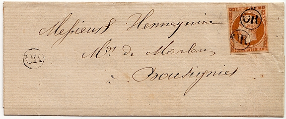 1862: Brief während der Zustelltour dem Postboten im Dorf COUSOLRE übergeben.