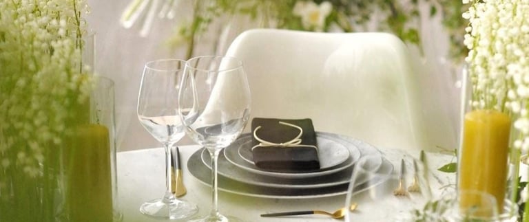 Elegant wedding table setup with modern styling, glassware, and floral details in Bodrum