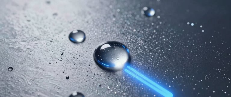 Close-up of high-quality 3D textures on a futuristic metallic surface. Raindrops reflecting neon lights in cloud white and midnight blue tones. Modern game engine rendering style.