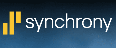 Synchrony Financial company logo with yellow vertical bars on a dark blue background.