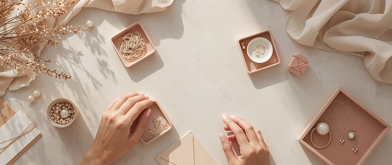 Flat lay of gold and pearl jewelry in pink organizers with a woman's hands on a beige background.