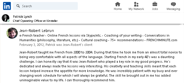 Exemple 1 de recommandation (en anglais) postée pour le professeur de français Jean-Robert Lebrun