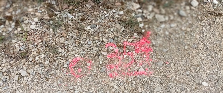 Ominous red marks along the forest road.