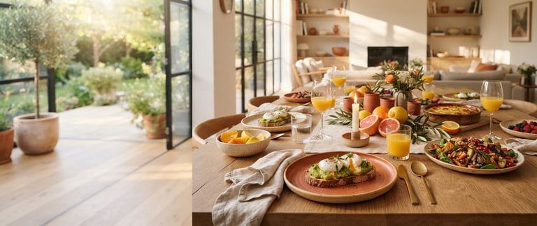 A set table and meals prepared by a personal chef, private chef,  for a private event. 
