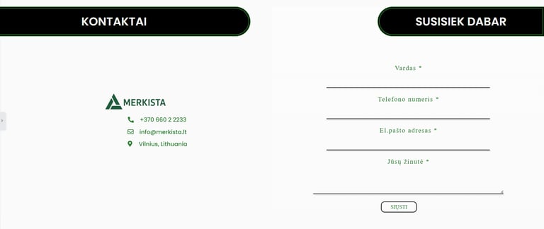Merkista contact page featuring a Lithuanian business inquiry form, phone number, and email address.