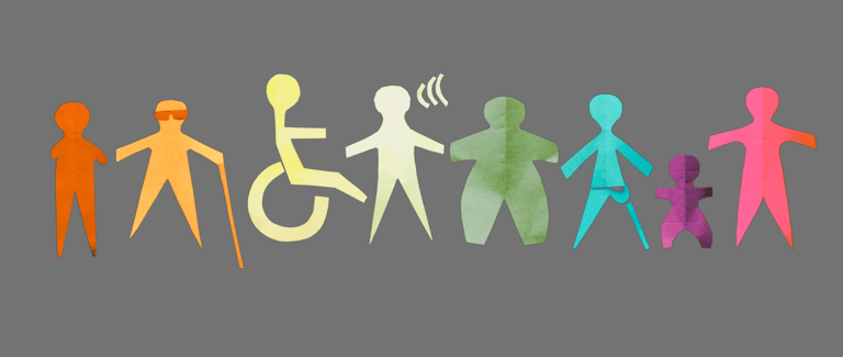 a group of people standing in a line of different colored paper cutouts