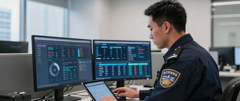 A security professional in a North American / US financial district office monitoring a sleek dashboard on a tablet, minimalist interior with steel blue and frost white accents, morning lighting, clean professional style.