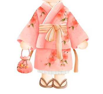 Japanese girl wearing yukata in pink with bag and shoes, baby kimono yukata