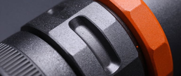 Macro lens detail of a heavy-duty metallic instrument with precise geometric element combinations, high-contrast studio lighting, deep slate background