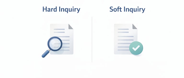 Comparison of hard inquiries and soft inquiries showing how each type of credit check is recorded an