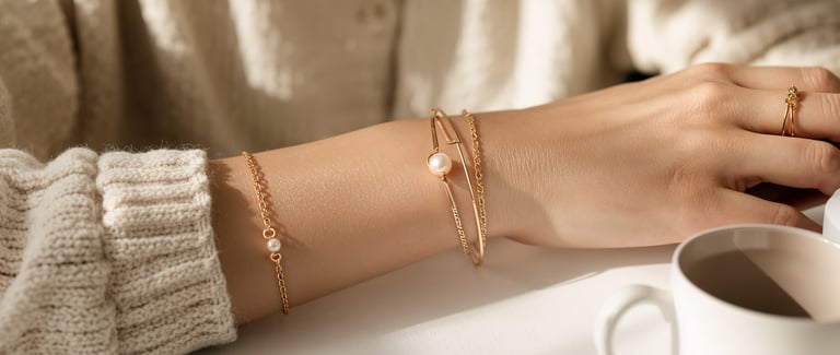 Elegant gold pearl bracelets and rings on a woman's arm beside a coffee cup.