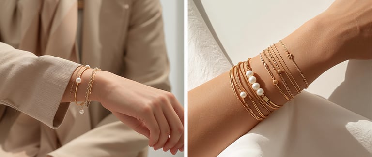 Elegant gold layered bracelets with pearls on a woman's wrist for a stylish jewelry look.