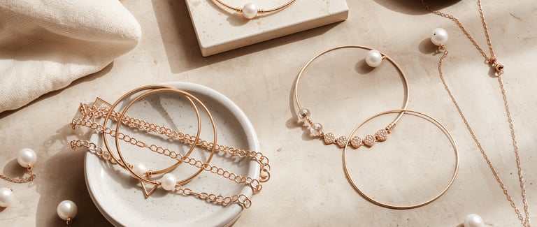 Elegant gold jewelry collection featuring pearl necklaces and minimalist bangle bracelets on a marble surface.