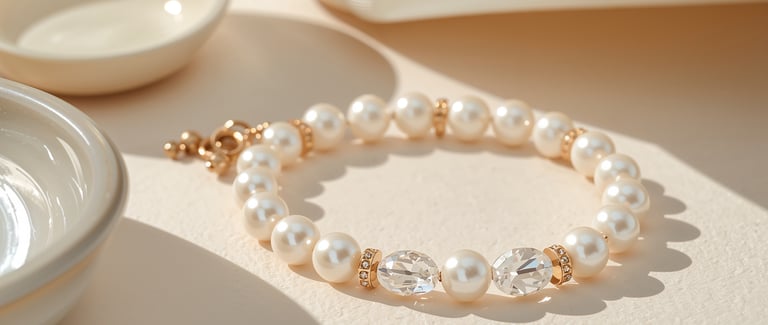 Elegant white pearl bracelet with gold spacers and crystal accents on a cream background.