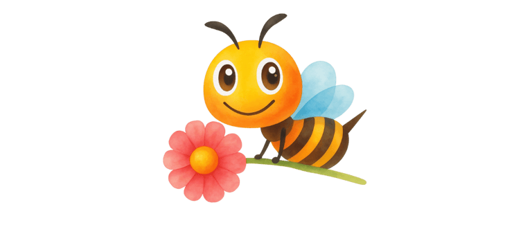 Bernice the bee is flying while holding a pink flower