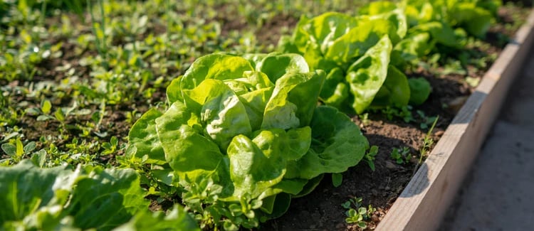 Lettuce growing in a raised garden bed.
