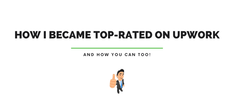 Text reading 'How I Became Top-Rated on Upwork' with a cartoon character giving a thumbs-up on a transparent background.