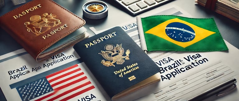 Bandeira dos Estados Unidos ao lado de um passaporte brasileiro e formulários de visto, representando as atualizações recente