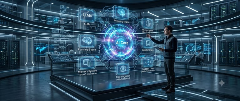 Engineer interacting with a futuristic AI core digital interface showing LLMs and neural network architecture.
