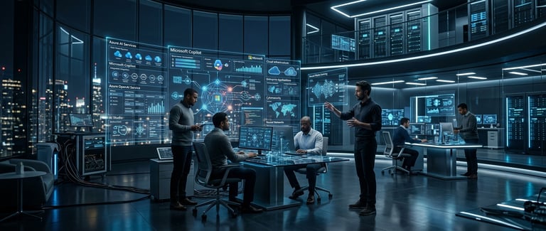 IT professionals managing Azure AI services and Microsoft Copilot on digital displays in a modern data center.