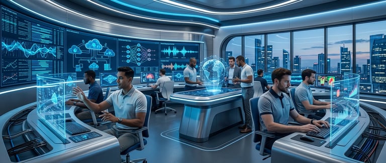 IT professionals working in a high-tech data center monitoring network security and cloud infrastructure dashboards.