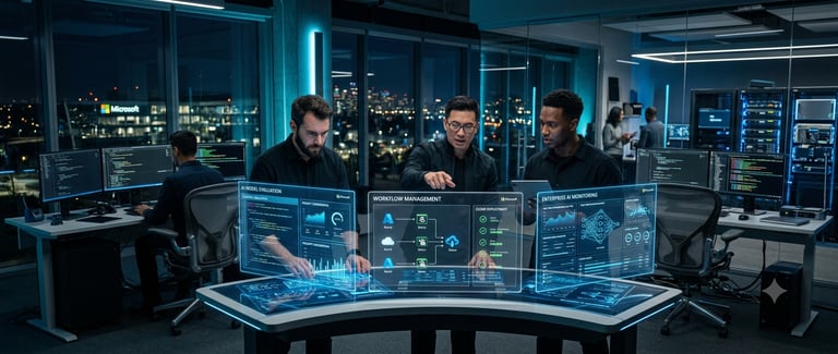 IT professionals using holographic interface for AI model evaluation and workflow management in a modern office.