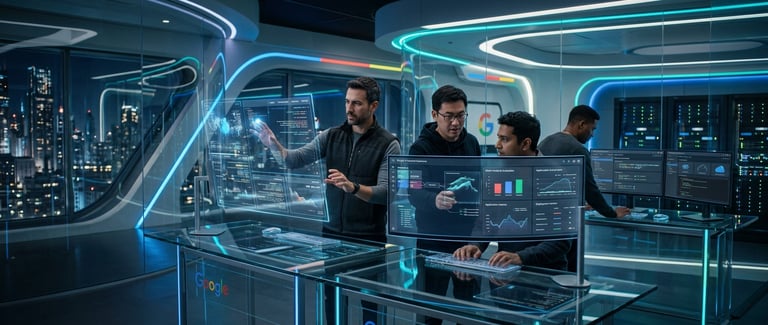 IT professionals analyzing data on futuristic glass touchscreens in a modern high-tech server room.