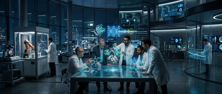 Scientists in a futuristic high-tech laboratory analyzing 3D holographic molecular structures and AI data.