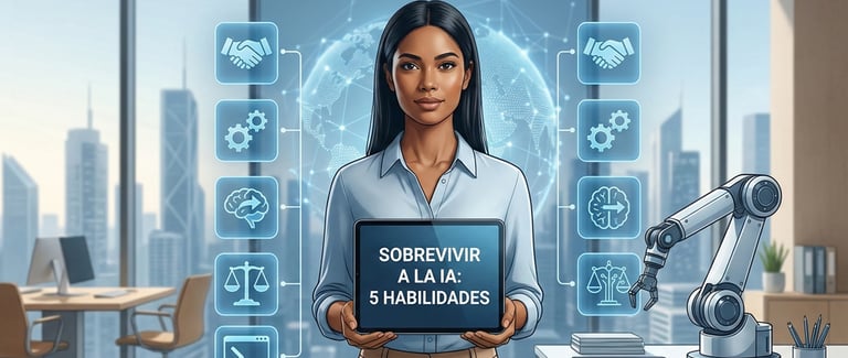 Líder TI dirigiendo con 5 habilidades clave (estrategia, ética, etc.) y robot colaborativo ante IA.