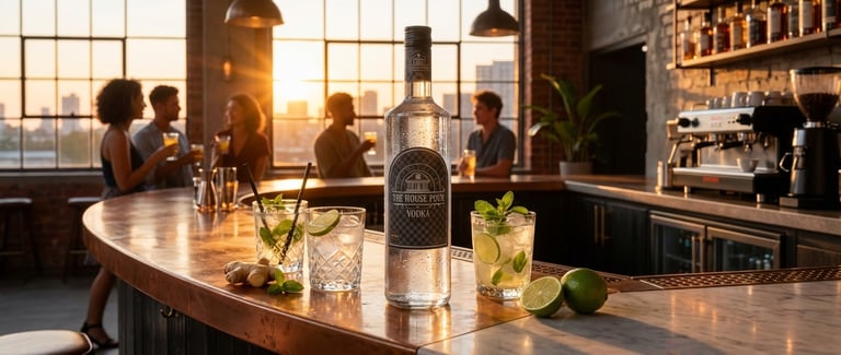 Een fles huisgemaakte wodka en limoencocktails op een bar op het dakterras bij zonsondergang, terwij