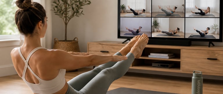group online pilates classes available live or on demand. no equipment required.