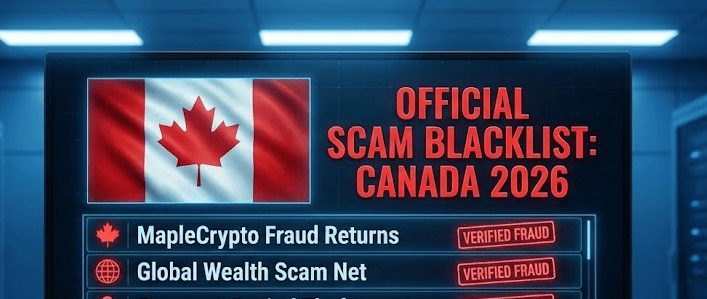 This is an image of a pc screen that reads Official Scam Blacklist Canada 2026
