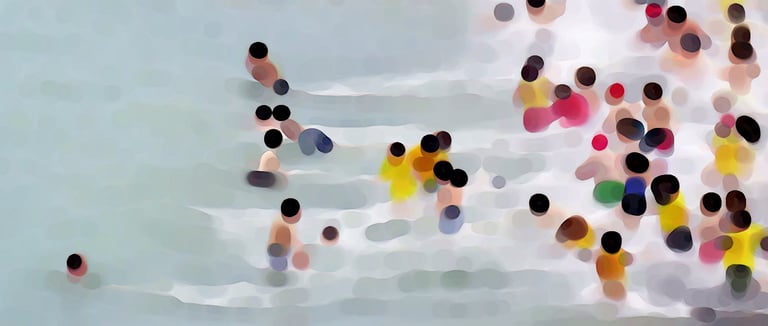 a group of people running in the water