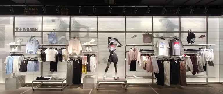 Nike women's sportswear display featuring mannequins, apparel on racks, and sneakers in a retail store.