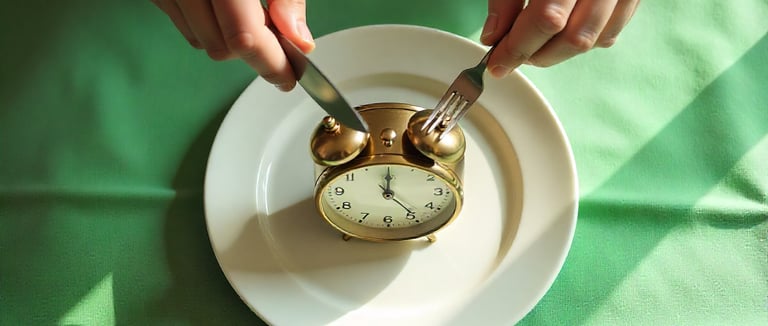 Hands holding knife and fork above alarm clock on a plate on green background