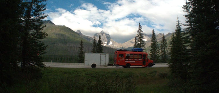 Image of the Magic Tool Bus driving through Canada to Alaska