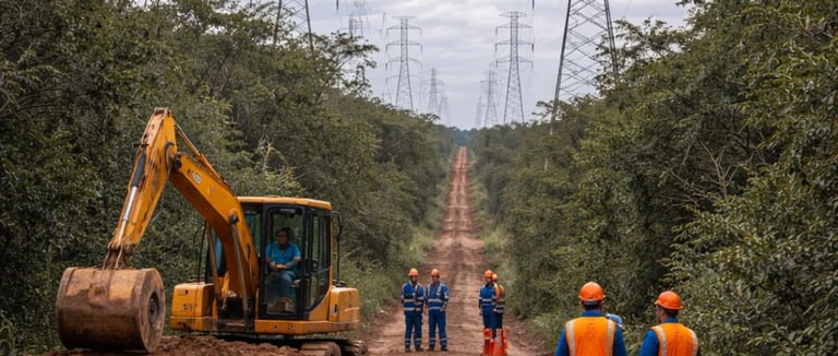 Obra em linha de transmissão com escavadeira e equipe em campo