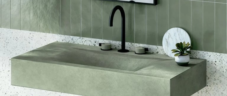 Cuba esculpida em concreto verde com torneira preta sobre bancada de quartzo branco, em banheiro