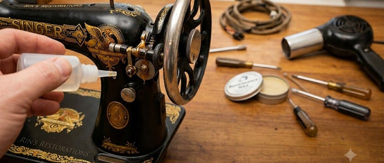 A specialist applying real sewing machine oil to the handwheel to a frozen vintage sewing machine