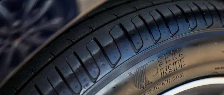 Imagem de pneu com o escrito Seal Inside em evidência. A Seal Inside Pirelli tire.