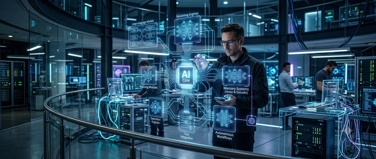 Engineer interacting with an advanced AI core neural network interface in a futuristic data center.