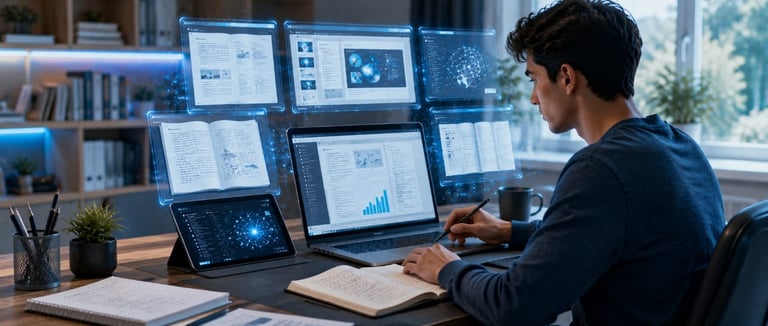 A student uses a laptop with futuristic holographic displays for digital learning and research at a desk.