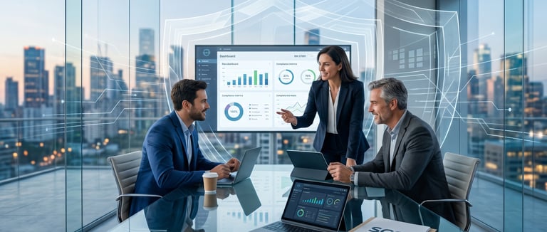Líderes analizando dashboard de cumplimiento y SGSI estratégico en oficina ejecutiva moderna.