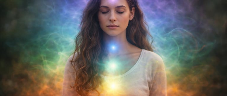 human aura energy field and chakra light around woman