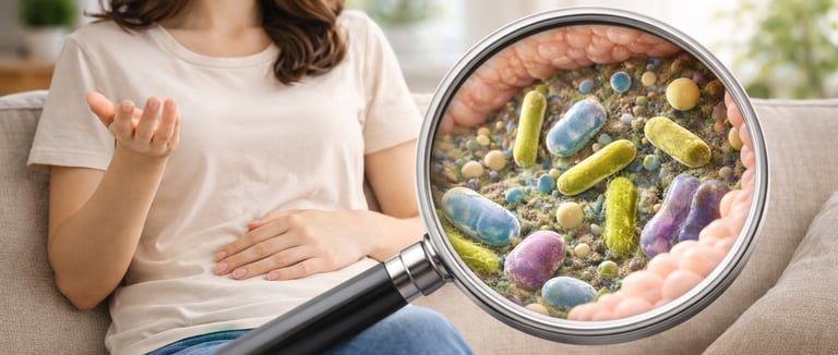 lupa com microbiota intestinal e mulher sentada no sofá