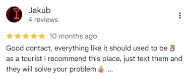 Positive Google review from Jakub with a five-star rating praising customer service and tourist experience.