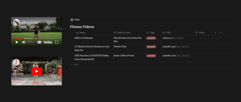 A Notion database table of fitness workout videos with YouTube links and exercise video previews.