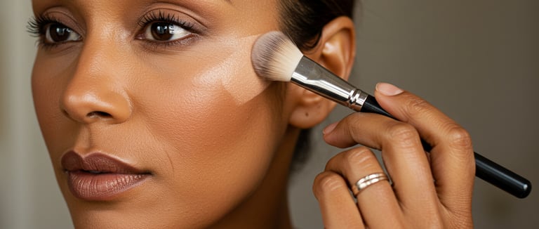 a woman with a makeup brush and a makeup brush