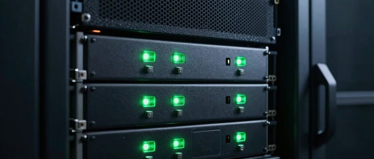 A close-up shot of a high-performance server rack in a dimly lit datacenter, dark green status indicator lights reflecting on metallic surfaces, ultra-minimalist composition.